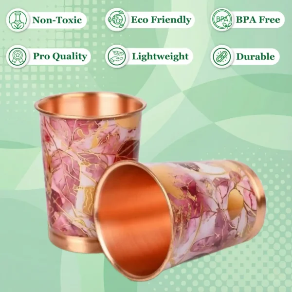 Pink Gold Leaf Design Pure Copper Water Glass Set of 2 with Elegant Red Gift Box