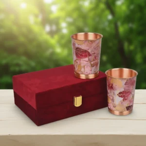 Pink Gold Leaf Design Pure Copper Water Glass Set of 2 with Elegant Red Gift Box