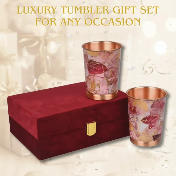 Pink Gold Leaf Design Pure Copper Water Glass Set of 2 with Elegant Red Gift Box