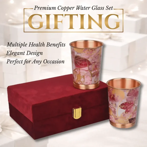 Pink Gold Leaf Design Pure Copper Water Glass Set of 2 with Elegant Red Gift Box