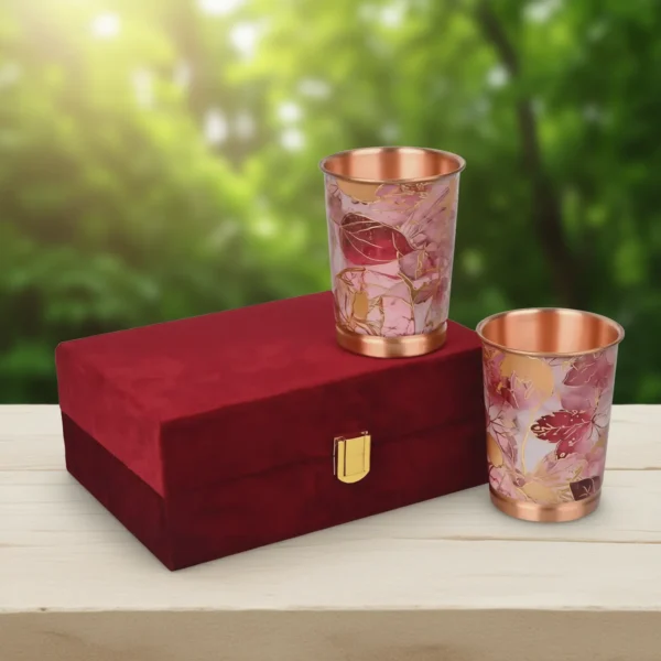 Pink Gold Leaf Design Pure Copper Water Glass Set of 2 with Elegant Red Gift Box