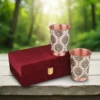 Royal Gold Peacock Design Pure Copper Water Glass Set of 2 with Premium Red Gift Box - Printed Copper Tumbler