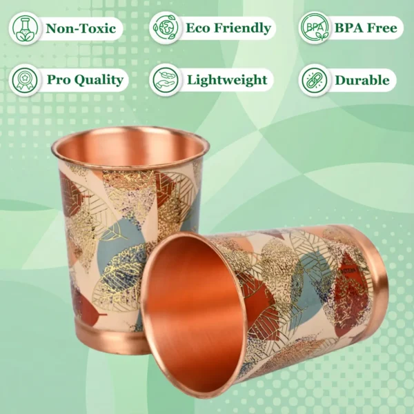 Yellow Gold Leaf Design Copper Water Glass Set of 2 with Elegant Gift Box