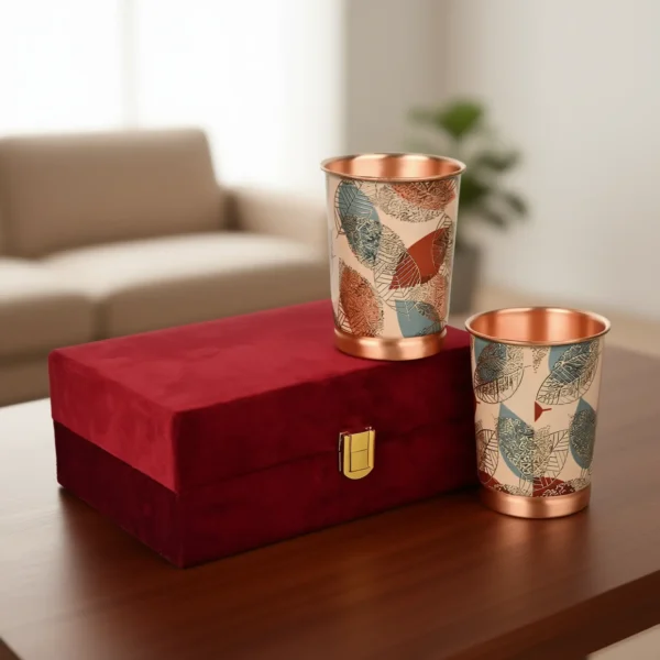 Yellow Gold Leaf Design Copper Water Glass Set of 2 with Elegant Gift Box