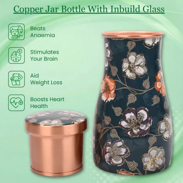 1 Litre Printed Pure Copper Bedroom Water Bottle with Inbuilt Glass