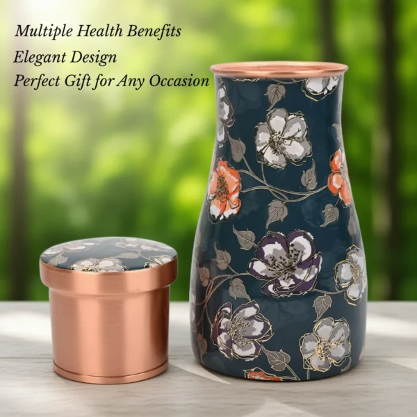 1 Litre Printed Pure Copper Bedroom Water Bottle with Inbuilt Glass