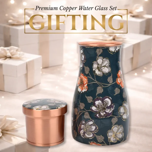 1 Litre Printed Pure Copper Bedroom Water Bottle with Inbuilt Glass