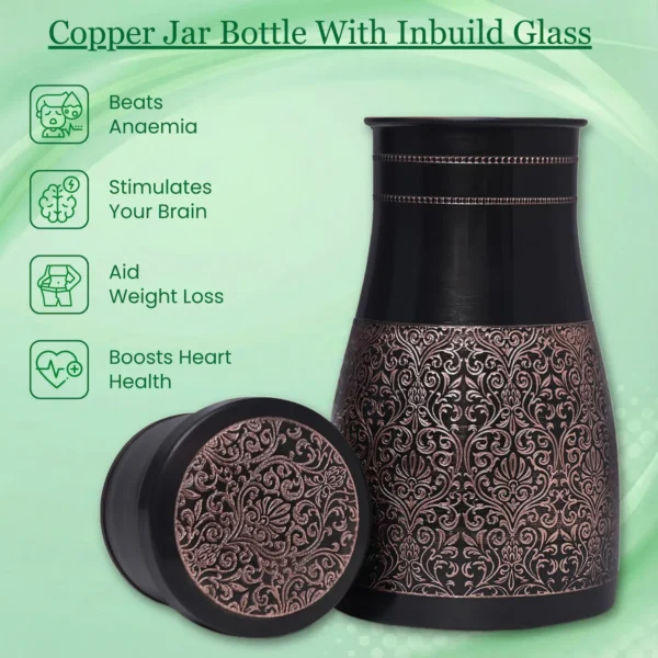 Black Antique Glossy Finish Pure Copper Water Bottle Jar with Inbuilt Glass 1 Litre Capacity