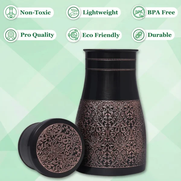 Black Antique Glossy Finish Pure Copper Water Bottle Jar with Inbuilt Glass 1 Litre Capacity