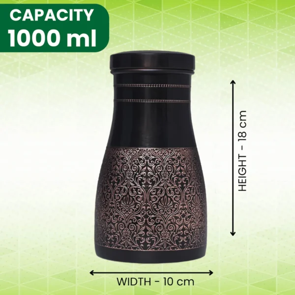 Black Antique Glossy Finish Pure Copper Water Bottle Jar with Inbuilt Glass 1 Litre Capacity