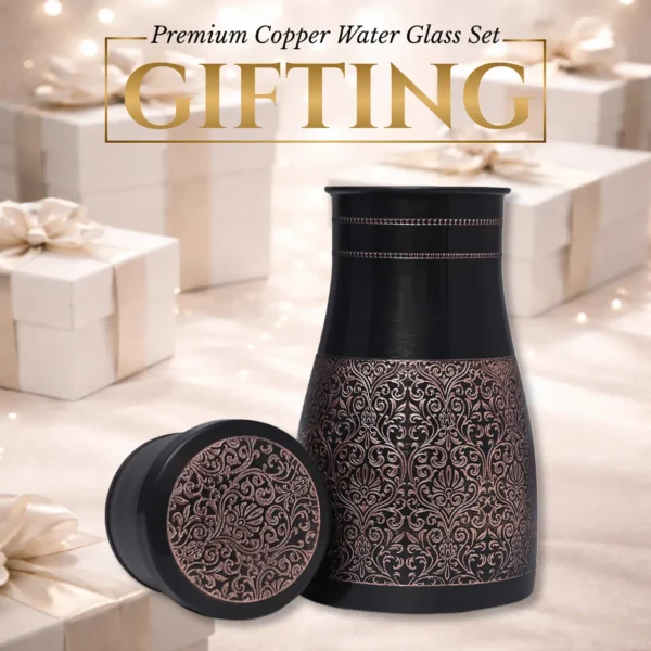 Black Antique Glossy Finish Pure Copper Water Bottle Jar with Inbuilt Glass 1 Litre Capacity