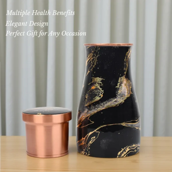 Printed Pure Copper Bedside Water Bottle with Inbuilt Glass 1 Litre Capacity