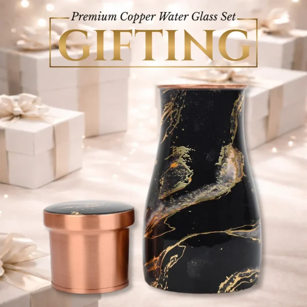 Printed Pure Copper Bedside Water Bottle with Inbuilt Glass 1 Litre Capacity