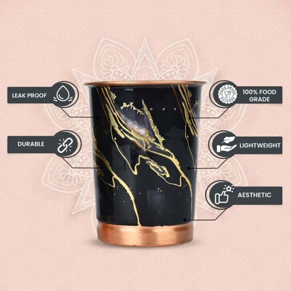 Premium-Pure-Copper-Water-Glass-Set-of-2-Black-Gold-Finish-with-Elegant-Red-Gift-Box-Pack-250-ML Copper Black Printed Design Water Glass 250ML Set of 6