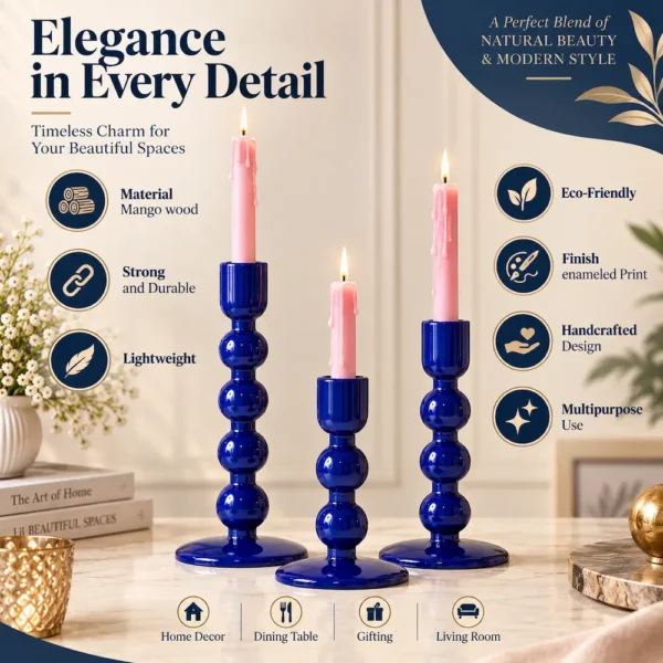 Blue Enameled Mango Wood Candle Holder