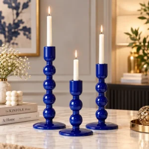 Blue Enameled Mango Wood Candle Holder