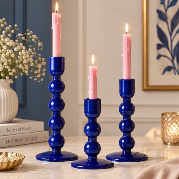 Blue Enameled Mango Wood Candle Holder