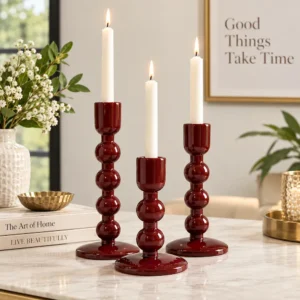 Mehroon Enameled Mango Wood Candle Holder