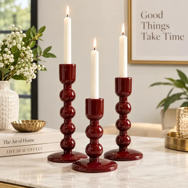Mehroon Enameled Mango Wood Candle Holder