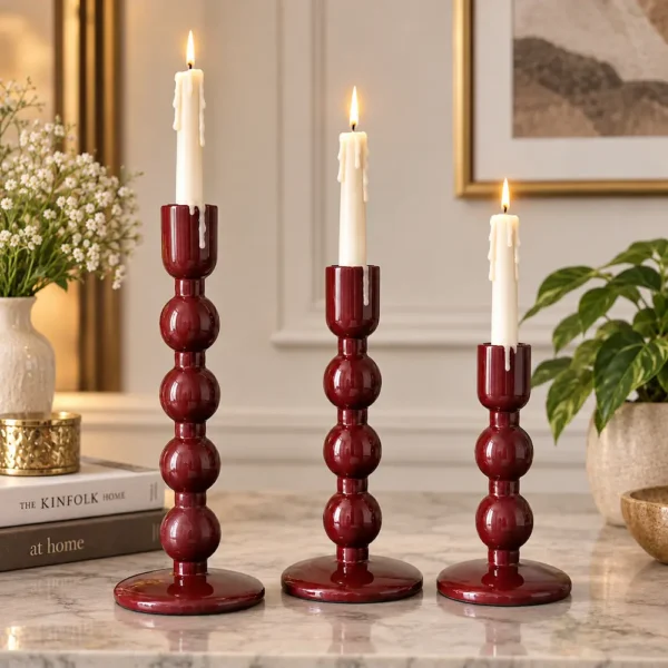 Mehroon Enameled Mango Wood Candle Holder