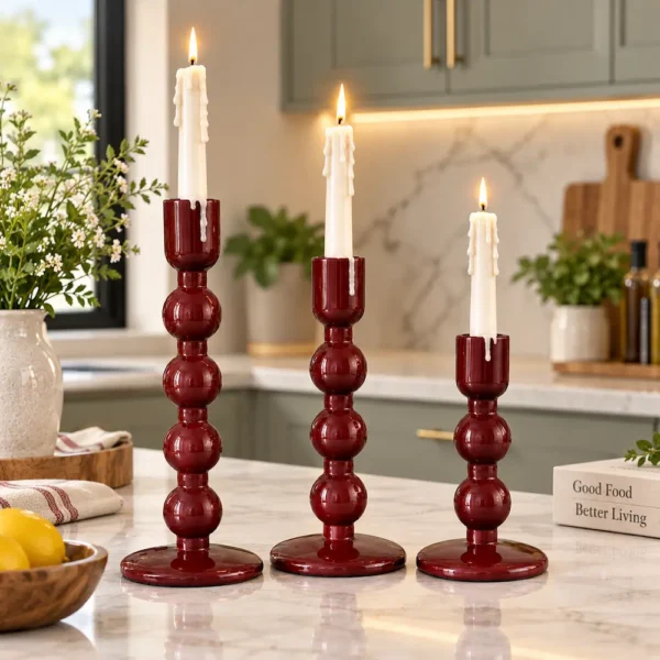 Mehroon Enameled Mango Wood Candle Holder